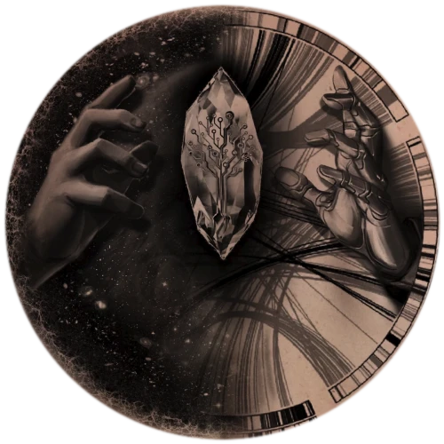 Meryll Dindin's circular back tattoo: a human hand and a bionic hand reaching toward a central crystal, between a field of galaxies and an arc of the human genome.